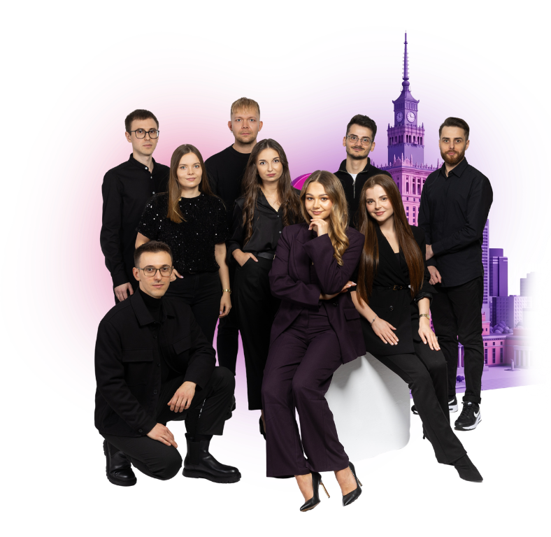 Zespół dais na tle fioletowo-różowej grafiki z Pałacem Kultury i Nauki.