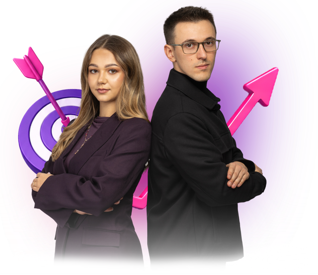 Dwie osoby z zespołu dais na tle tarczy, strzałki wzrostu i fioletowo-różowej grafiki.