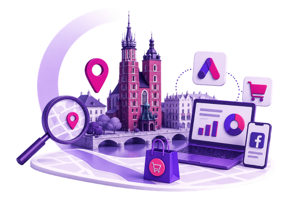 Ilustracja reklamy internetowej w mieście z mapą, laptopem i ikonami reklam.