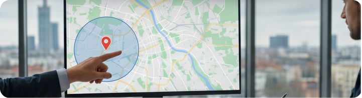 Ekran z mapą i zaznaczonym obszarem lokalizacji kampanii.