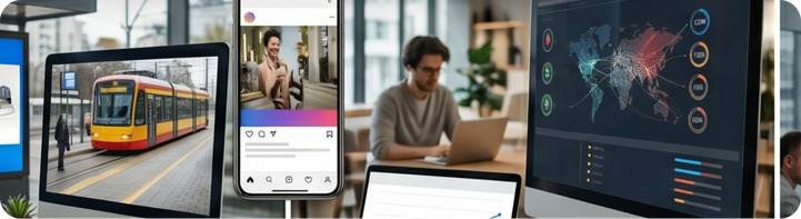 Ekrany z reklamą, postem w mediach społecznościowych i mapą analityczną kampanii.