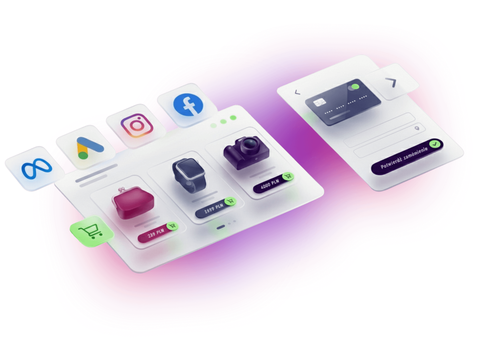 Ilustracja 3D pokazująca proces zakupowy w e-commerce zintegrowany z platformami reklamowymi Google Ads, Meta, Instagram i Facebook.