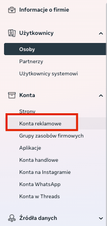 Widok sekcji Konta reklamowe w Meta Business Suite