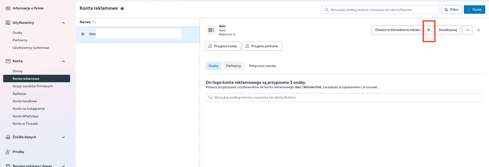 Opcja otwarcia konta w Menedżerze reklam Meta