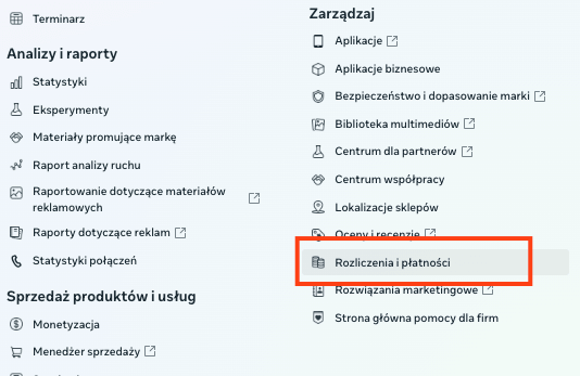 Opcja Rozliczenia i płatności w menu Wszystkie narzędzia Meta Business Suite