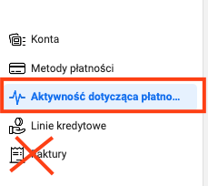 Zakładka Aktywność dotycząca płatności w ustawieniach rozliczeń Meta