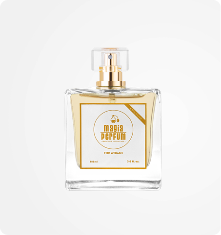 Flakon perfum Magia Perfum na jasnoszarym tle przed aranżacją AI