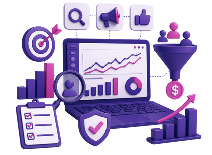 Panel Google Analytics 4 z danymi o ruchu, konwersjach i lejku marketingowym