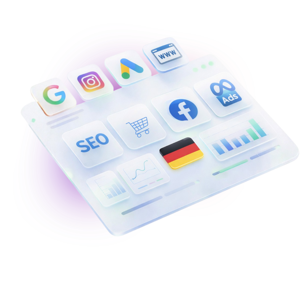 Grafika hero przedstawiająca kanały marketingu internetowego na rynku niemieckim