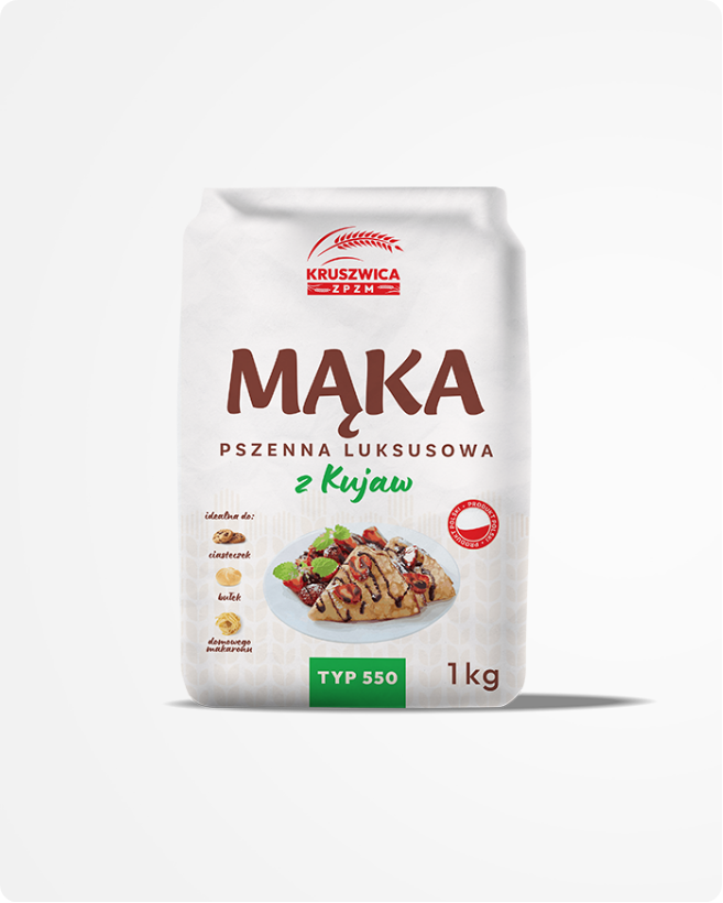 Opakowanie mąki pszennej krupczatki na białym tle przed aranżacją AI