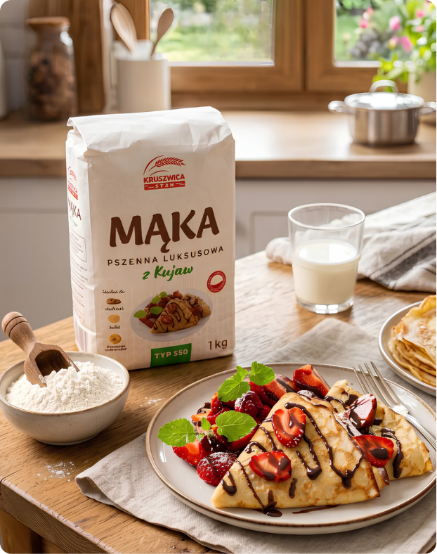 Opakowanie mąki pszennej krupczatki w fotorealistycznej aranżacji kuchennej z naleśnikami