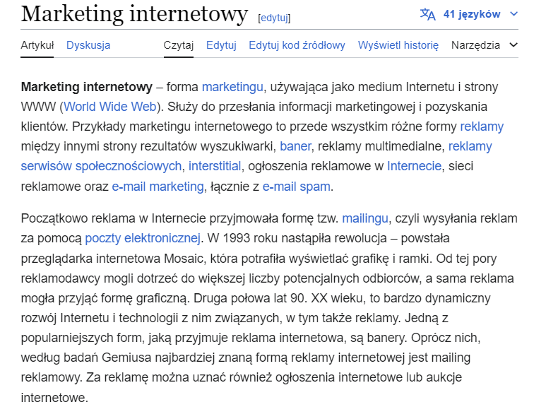 Oficjalna definicja reklamy online (marketingu internetowego) z serwisu Wikipedia.