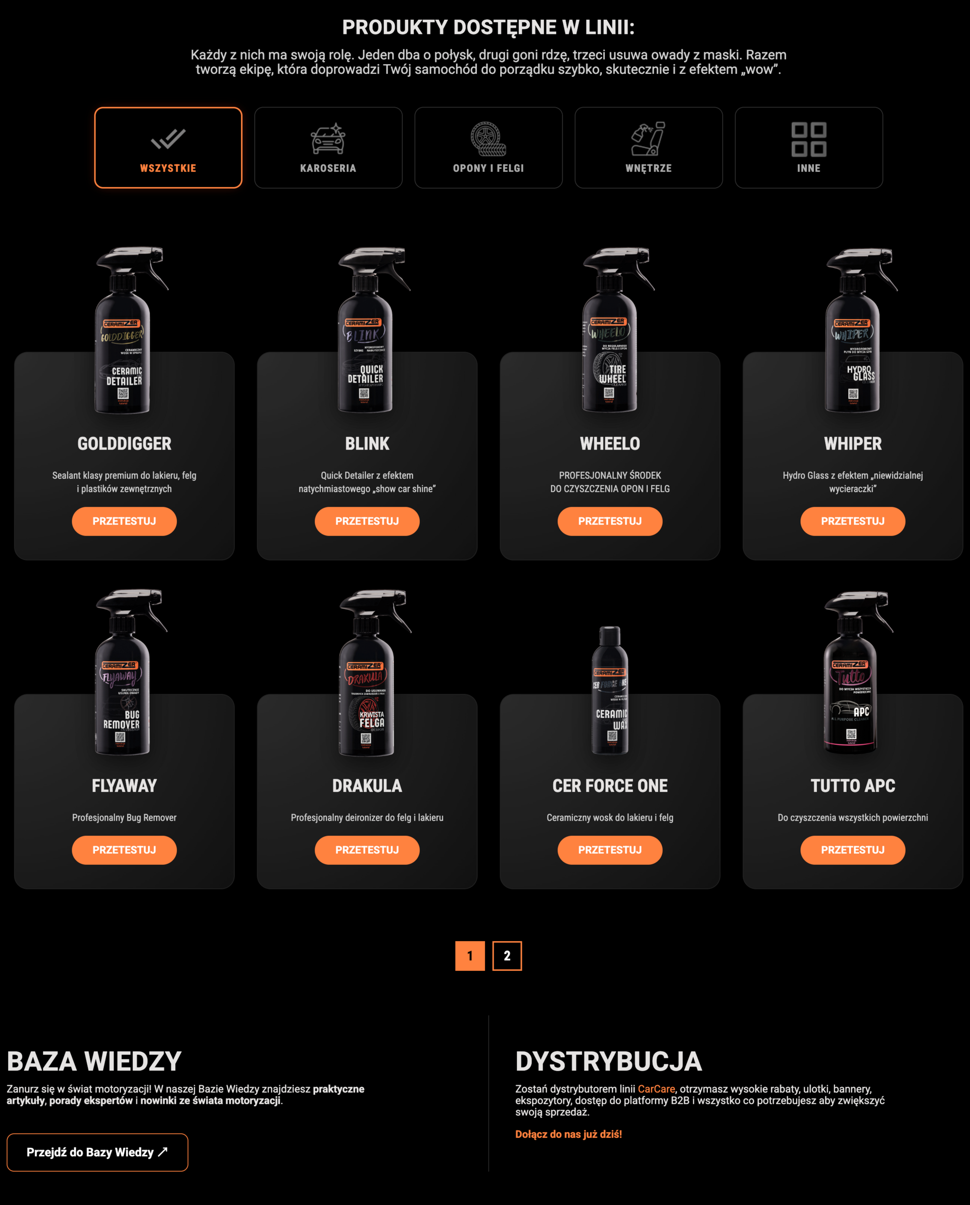 Zrzut ekranu podstrony Ceramizer z listą produktów do detailingu