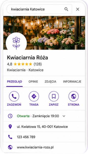Przykładowy Profil Firmy w Google z opiniami, adresem i danymi kontaktowymi