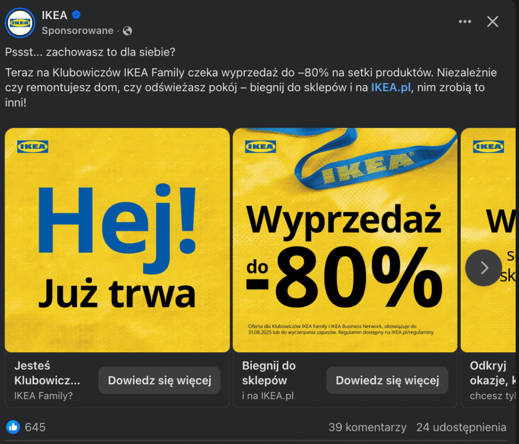 Przykładowa reklama na Facebooku, źródło: Facebook lipiec 2025